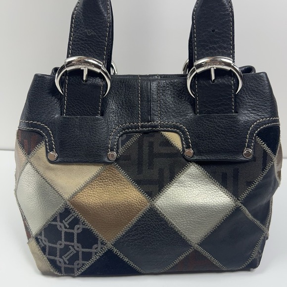 TIGNANELLO Leather Bucket Purse Metallic Patchwork Silver Buckles Black Studded - Picture 2 of 16